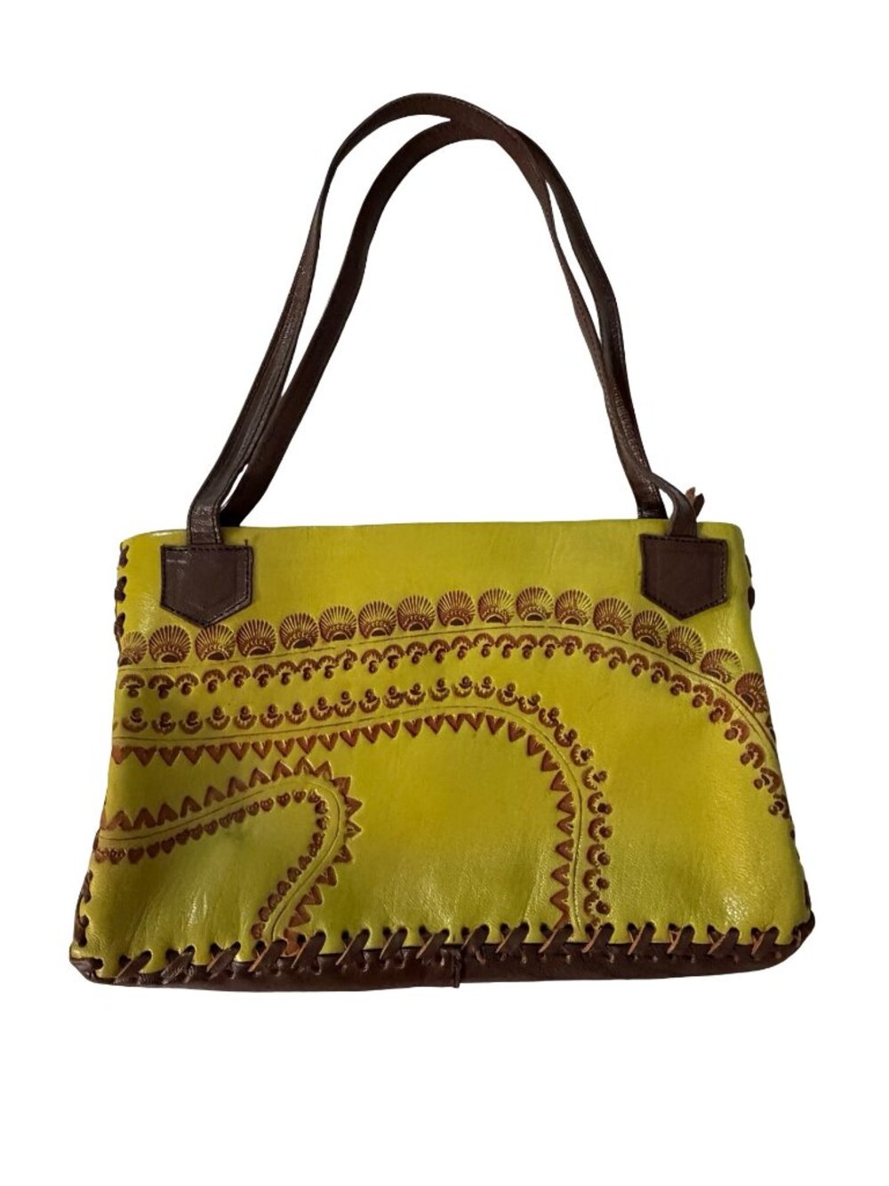 Peruvian Tooled Leather Shoulder Bag Chartreuse Green Brown Hand Laced Purse